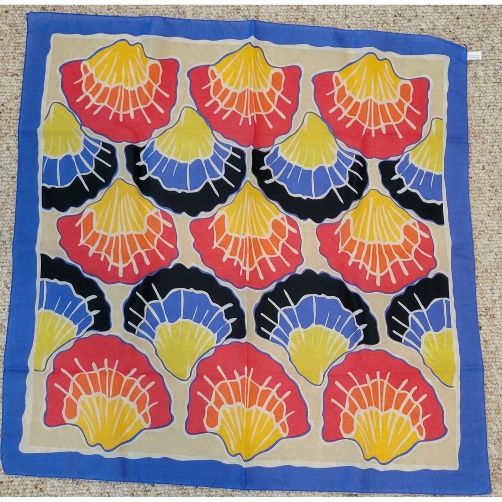 Vintage Taiwan  Multi Colored Sea SHELL Scarf  25X25" RED YELLOW‎ BLUE - Vibrant - Picture 3 of 11